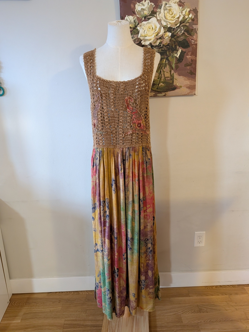Vintage Brown Crochet Bodice Maxi Dress with Multicolor Floral Skirt